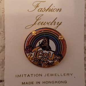 Vintage Jesus Saves Tin Button Pin w Butterfly
